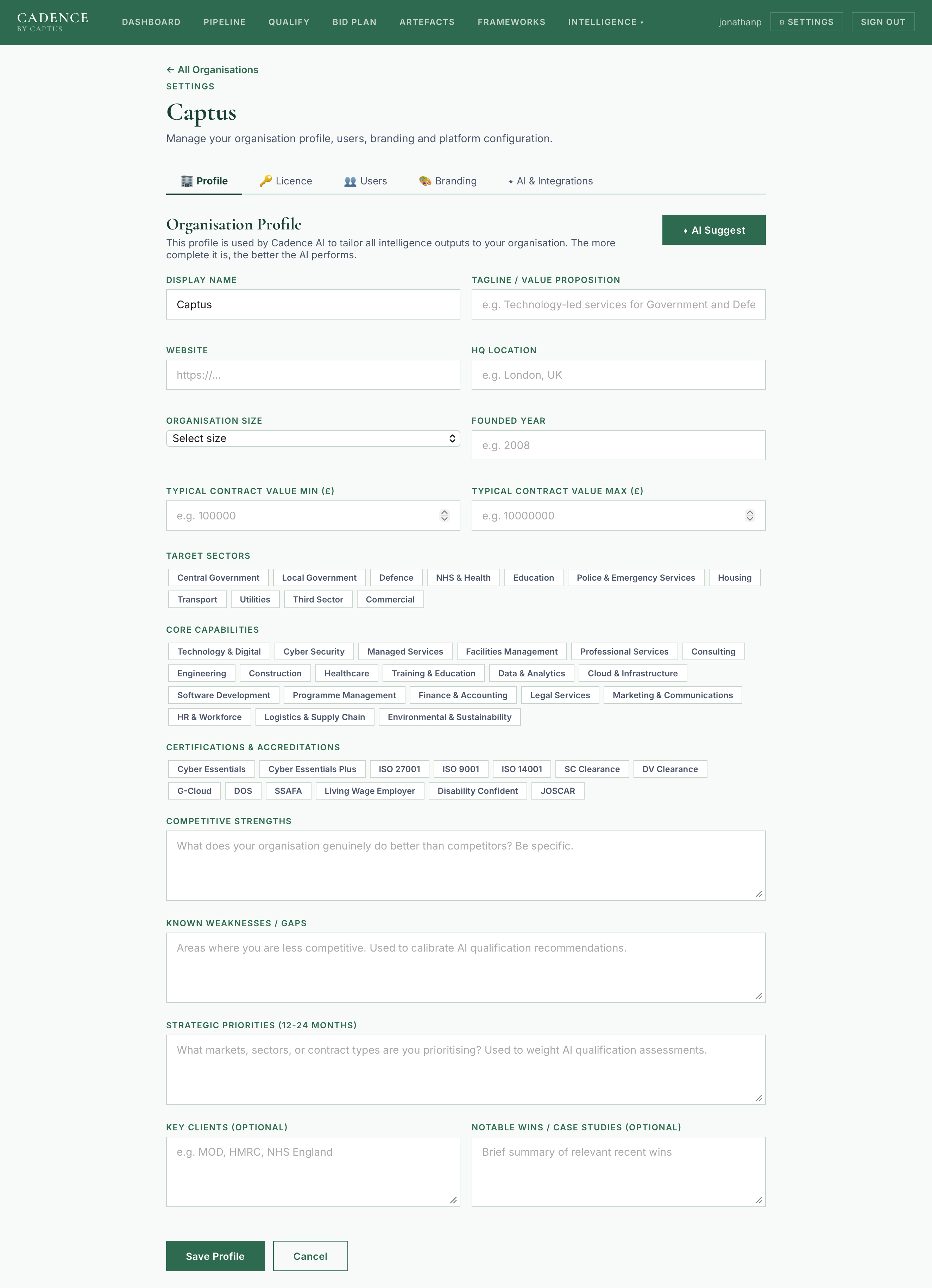 Cadence Organisation Profile settings